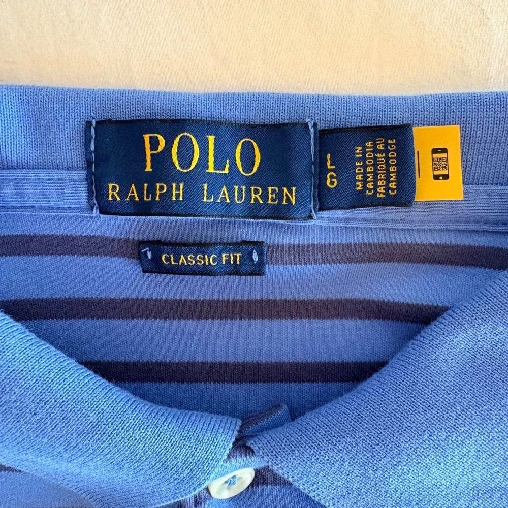 Polo Ralph Lauren Classic Fit Striped Blue Polo Shirt‎ Short Sleeve Men SZ Large
